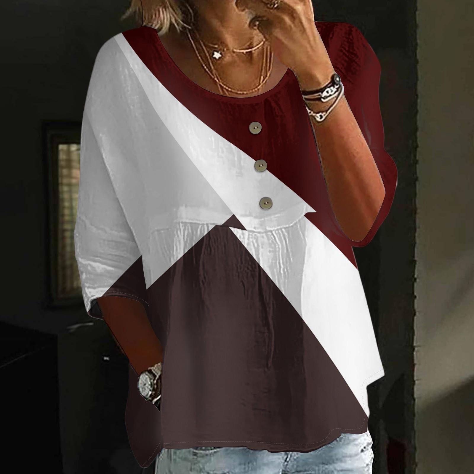 

Women s Fashion Casual Three-quarter Sleeve Loose Round Neck Button Floral Print Top M винний