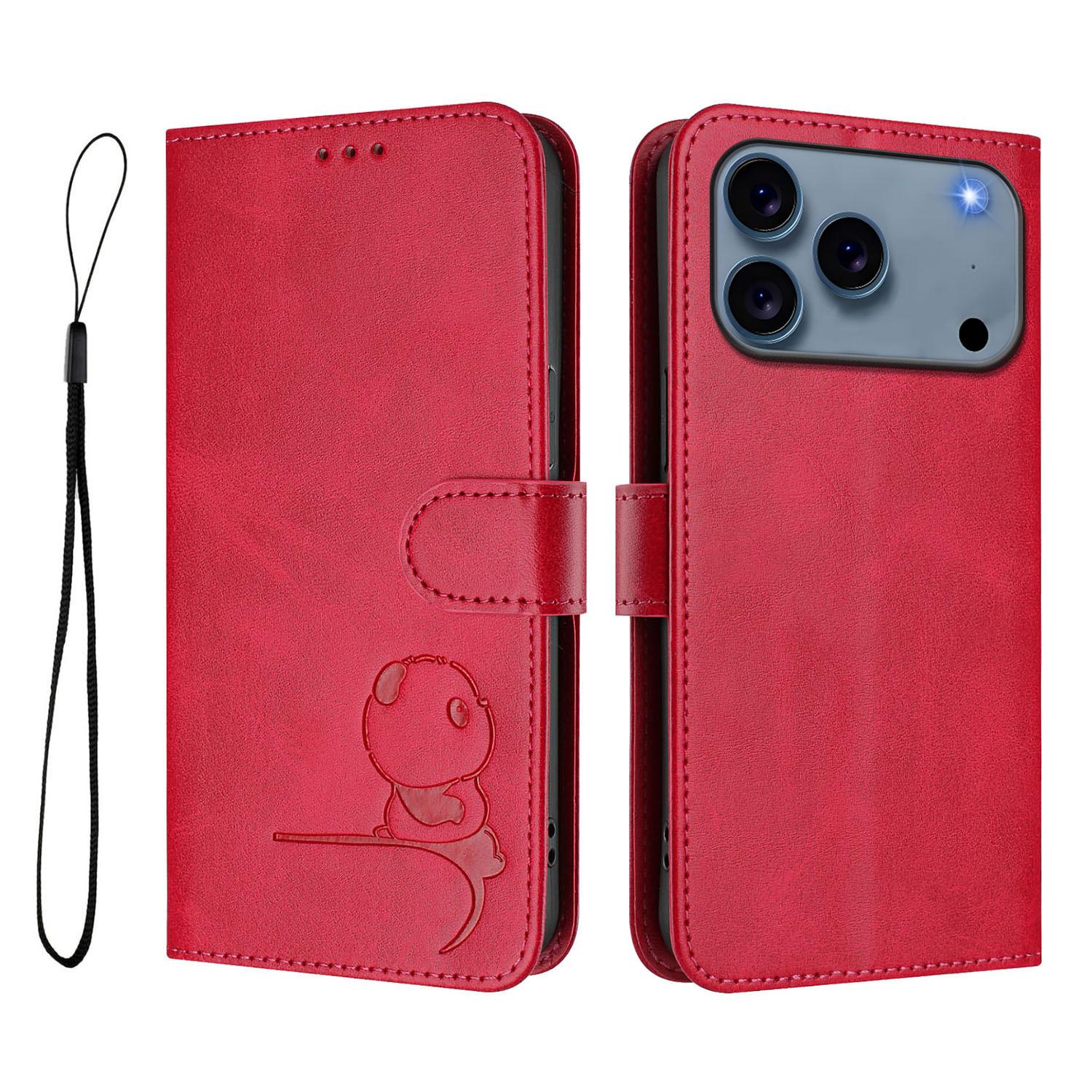 

For iPhone 17 Pro Max Case Panda Imprint RFID Blocking Wallet Leather Phone Cover with Wrist Strap Rose