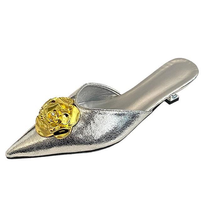 2025 summer new slippers women wear low-heeled sandals metal buckle pointed head thin heel medium heel bag head half slippers women