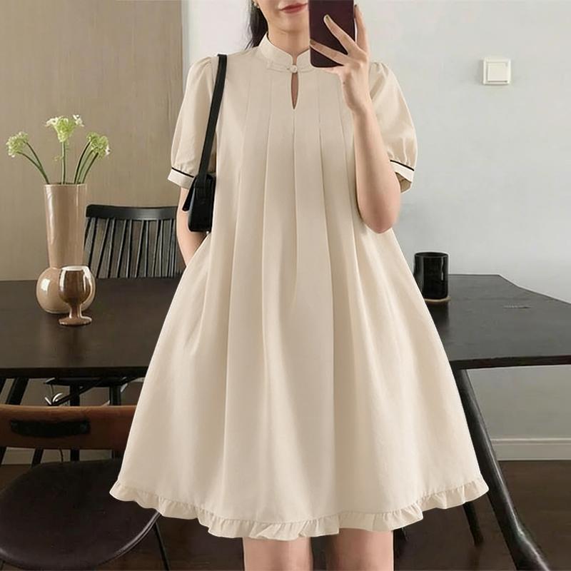 ZANZEA Women Casual Stand Collar Loose A-Line Short Sleeve Dress