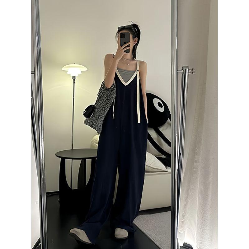 

European Goods Fashion Button Patchwork Overalls Female Summer Casual Versatile Niche Design Straight-leg Loose Pants Suspenders S [40.00 kg-50.00 kg]]