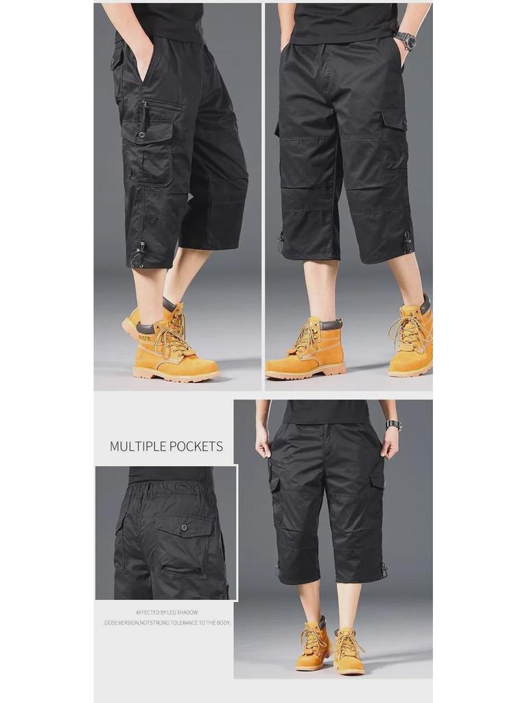 Shorts Casuais de Verão Masculinos de Corte Solto com Vários Bolsos e Comprimento Médio