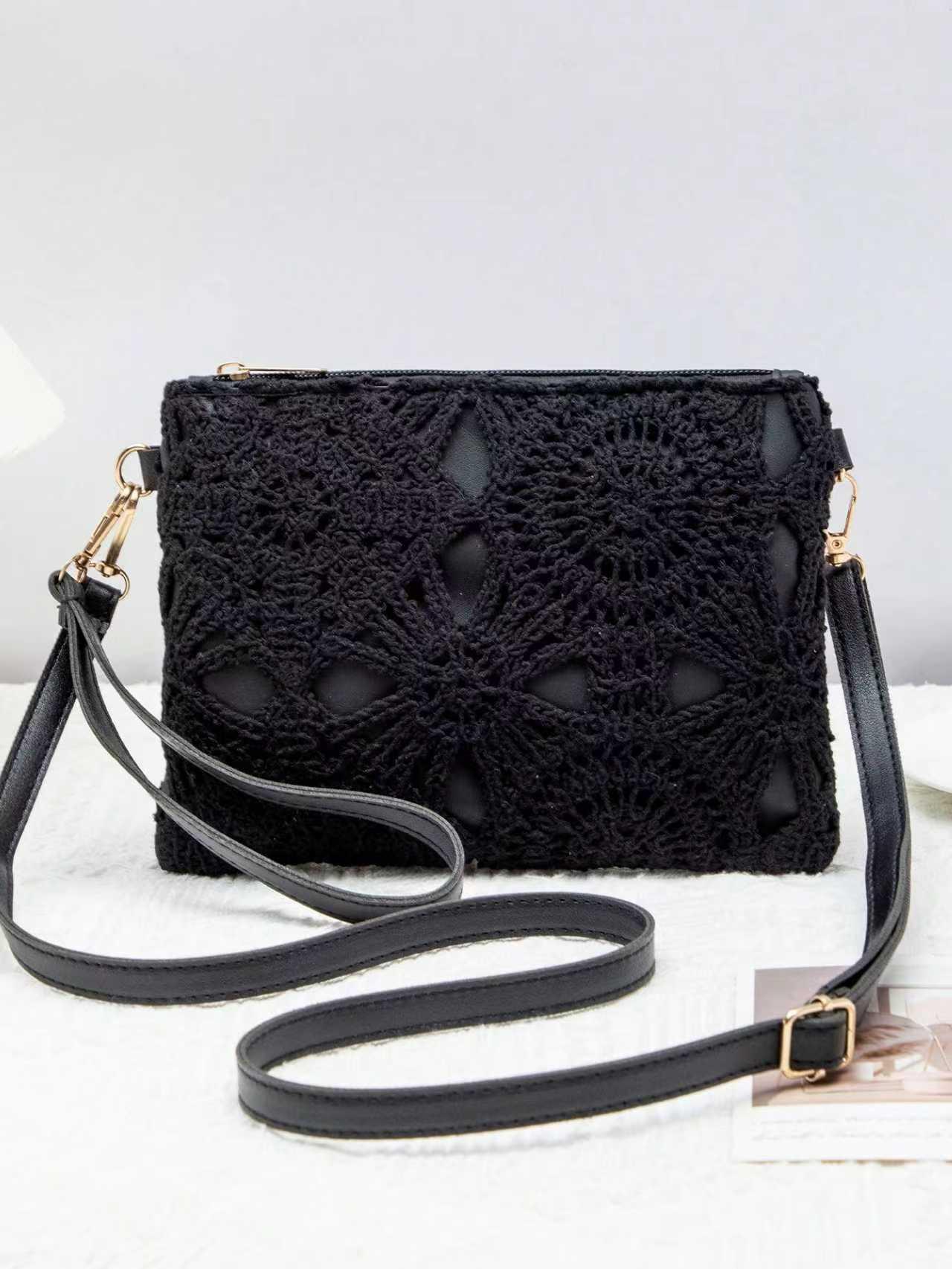 Stroh-Häkelkorb im koreanischen Stil - Retro-Blumen-Strand-Handtasche für Damen 21cm*1.5cm*16cm schwarz