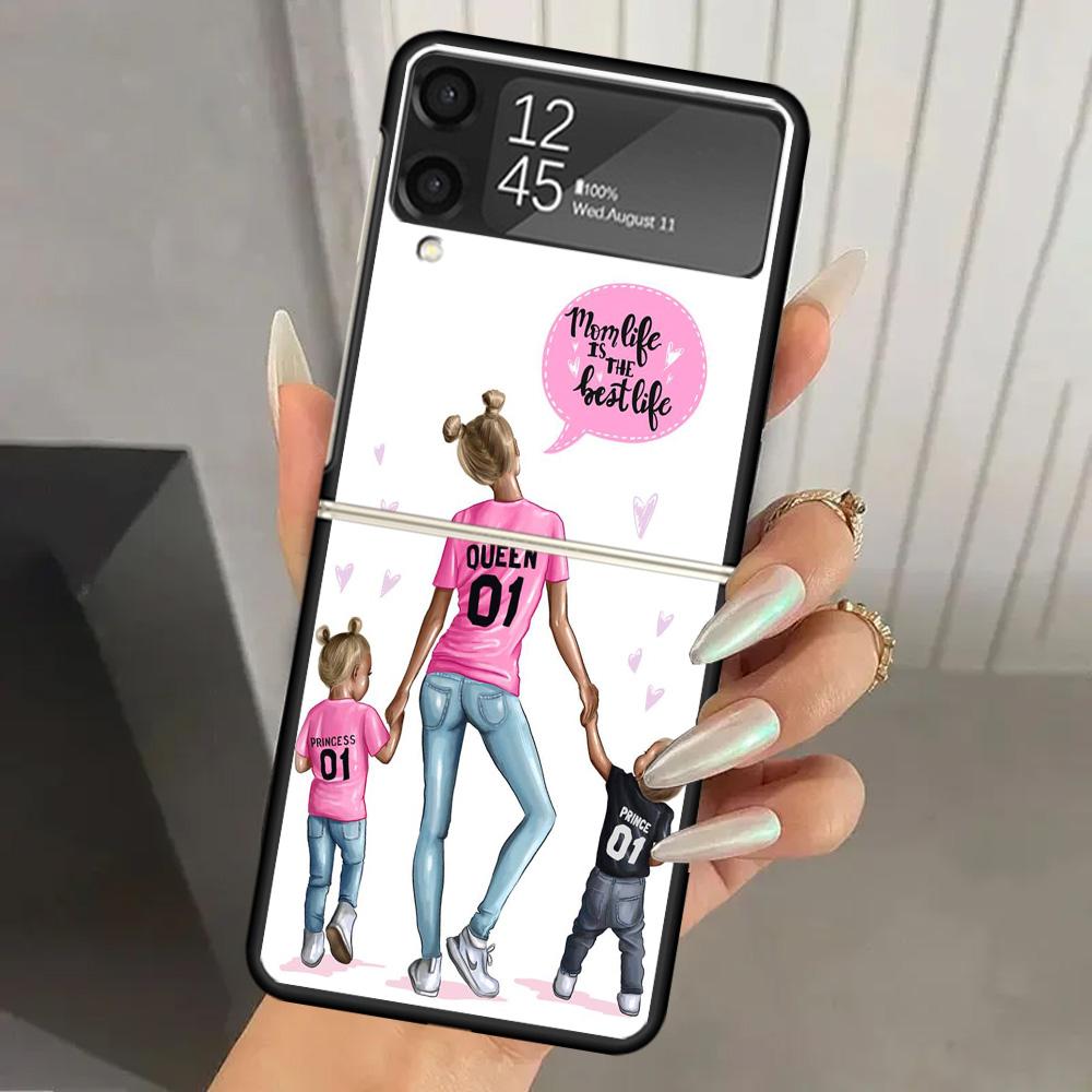 Mom Baby Girls Hard PC Phone Case For Samsung Galaxy Z Flip 6 5 4 3 Black Cover ZFlip6 Flip5 Flip4 5G Foldable Print Cases