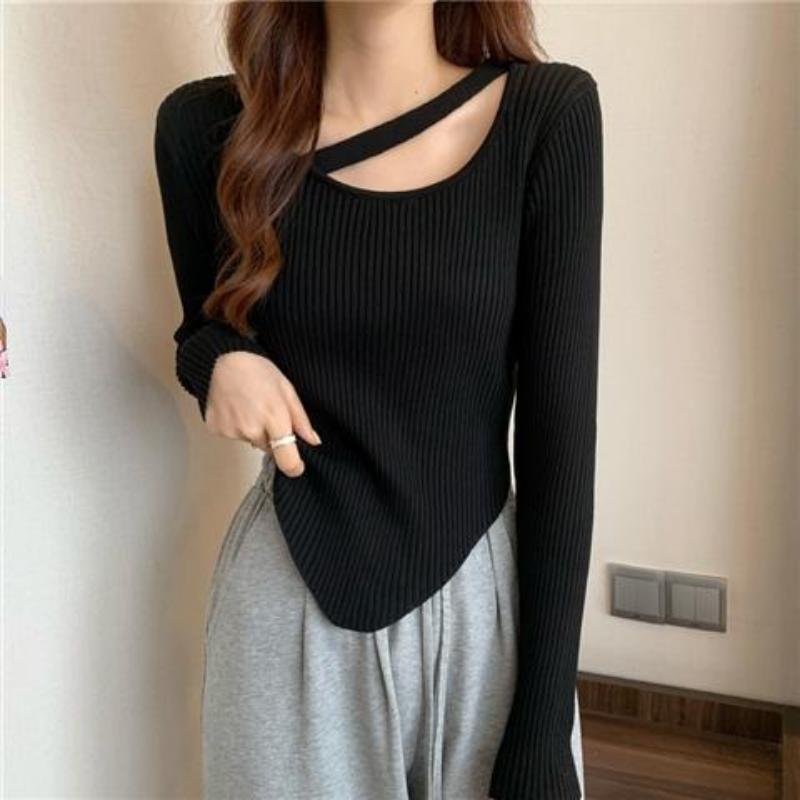 French Irregular Pure Desire Knitted Bottom Shirt for Women's Spring and Autumn Laydown Unique Short Collar Top