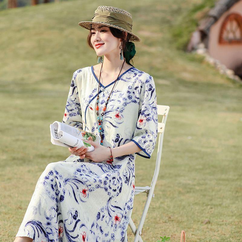 

Short-sleeved women s clothing summer clothing literary and retro long dress improved cheongsam skirt skirt feeling fried street dress women M