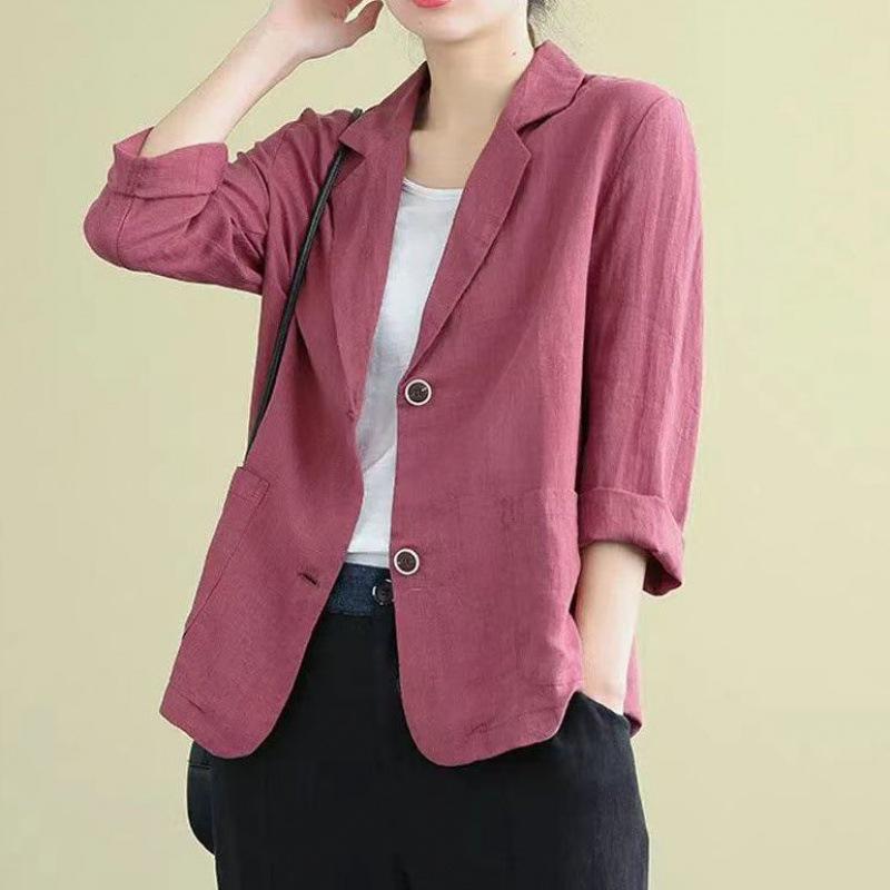 Women's 2024 Spring/Autumn Cotton-Linen Loose Casual Blazer - Plus Size, Long Sleeve, Short Jacket