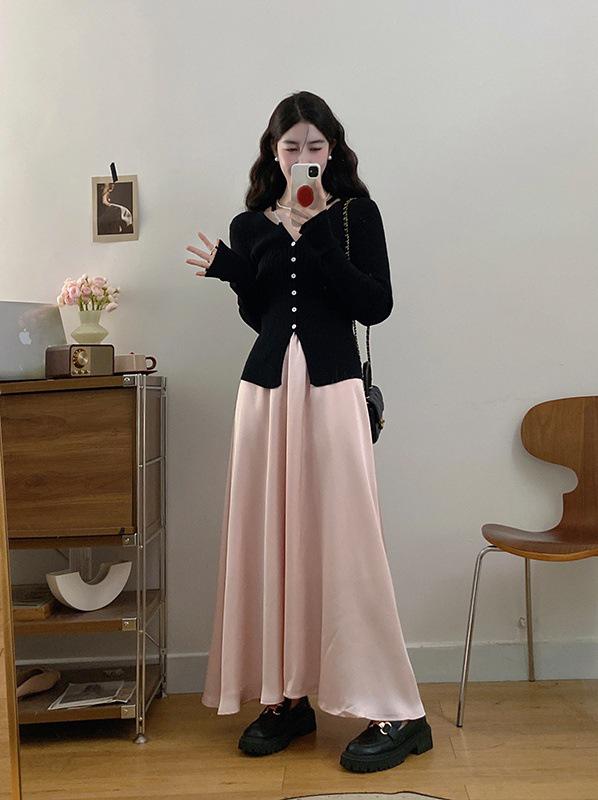 

Plus Size Women s French-Style Dress - Korean-Inspired Long Skirt L (50-60 kg)