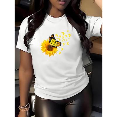 European Size Women's Short-Sleeve T-Shirt - Butterfly & Sunflower Print Round Neck Blouse, Non-Transparent Opaque Fabric, All-Season Casual TopBlouse