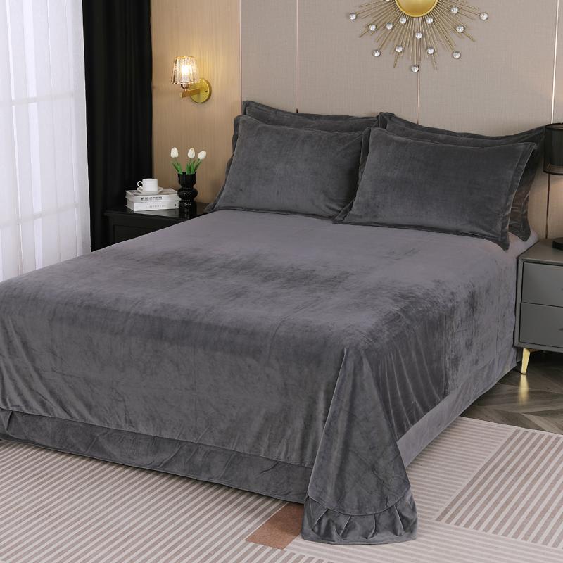Solid Color Milk Velvet Bed Sheet Winter Warm Thick Flannel Flat Bedsheet Sets Double Size Soft Plush Bedspread No Pillowcases