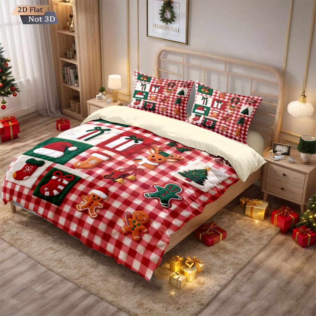 3pcs Christmas red checkered printed coreless bedding set multiple sizes bedrooms dormitories comfortable, machine washable