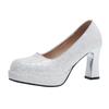 Mode 35-44 Große Damen High Heels Plateau Dicke Absätze Mary Jane Schuhe Kleiner Quadratischer Kopf Set Silberne High Heels