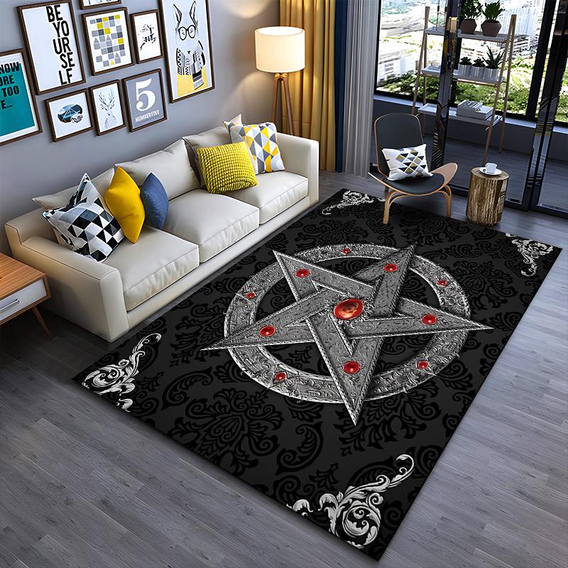 "Black Gothic Pentagram Pattern Carpet with Red Gemstone Design" Suitable for use as an anti-slip for living room bedroom sofas