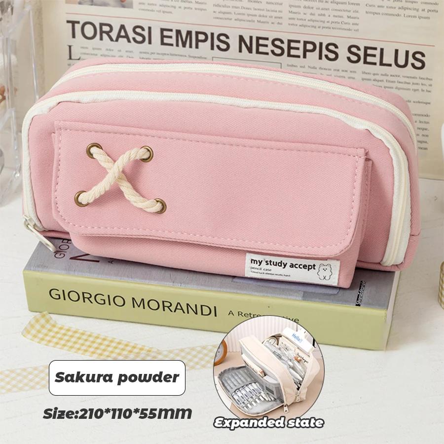 

High-appearal-level Pencil Case with A Cross Design and LargeCapacityLayered Student Pencil Case Niche Essential Stationery Item рожевий