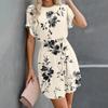 Womens Summer Short Dresses O Neck Casual Batwing-Short Sleeve Belted Dress For Women