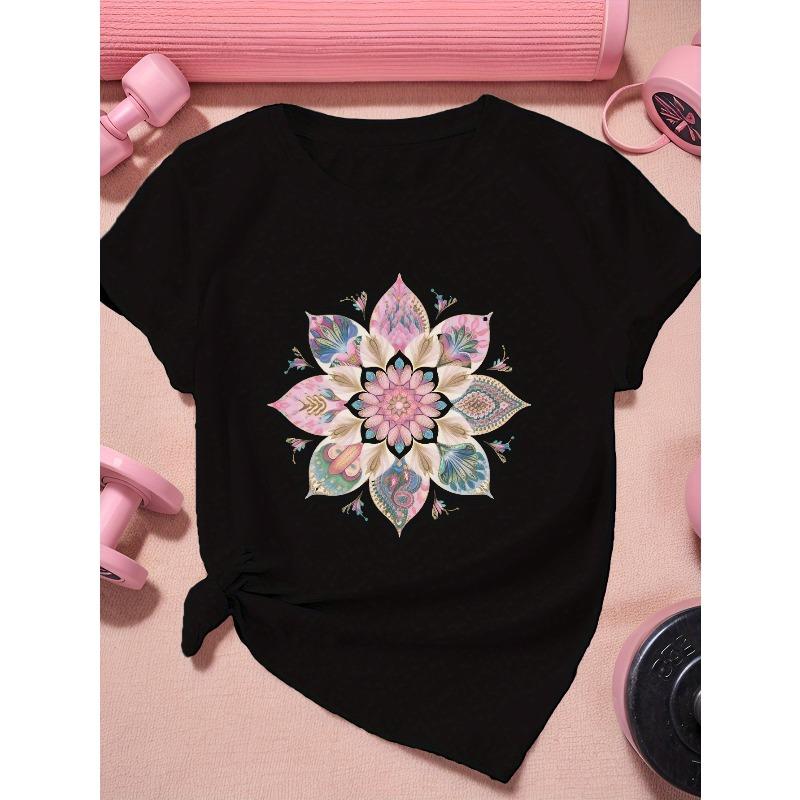 

Women Sports Round Neck Short Sleeve T-Shirt Flower Pattern Stylish Casual Daily Sports Top 2XL чорний
