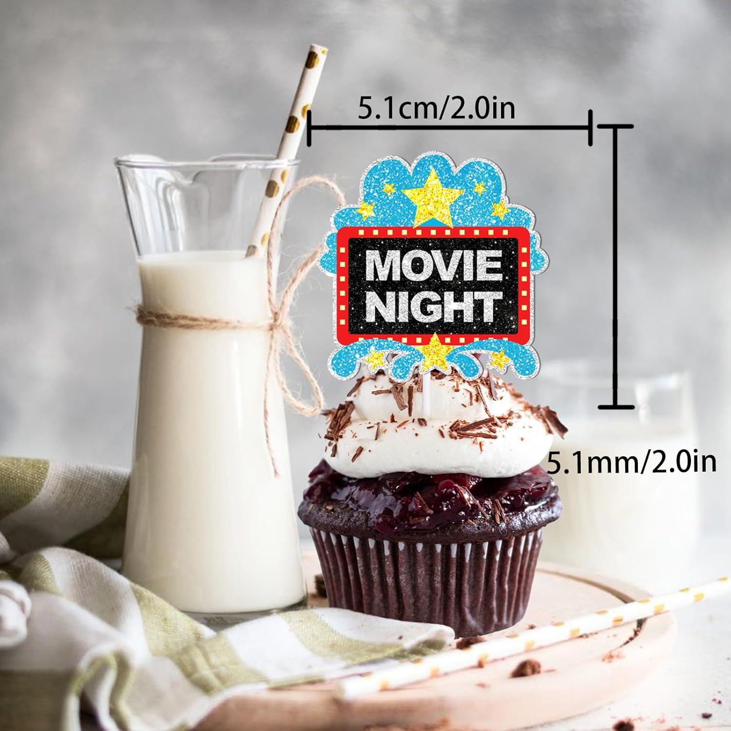 18pcs Glitter Dessert Cupcake Topper Movie Night Theme Decor Supplies Baby Shower Summer Girl Boy Happy Birthday Party Decorations