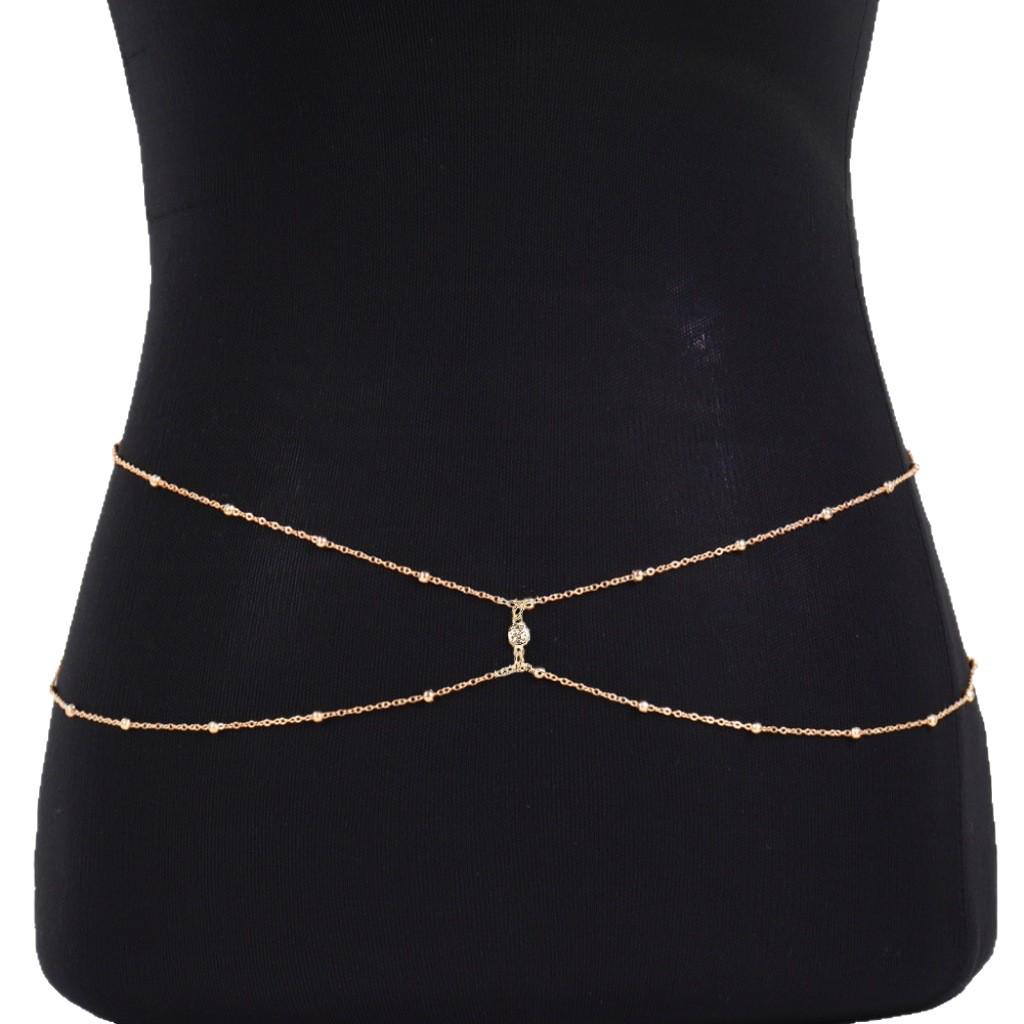 

European & American Summer Fashion Waist Chain: Casual Sexy Women s Beaded Double-Sided Rhinestone Body Chain Jewelry