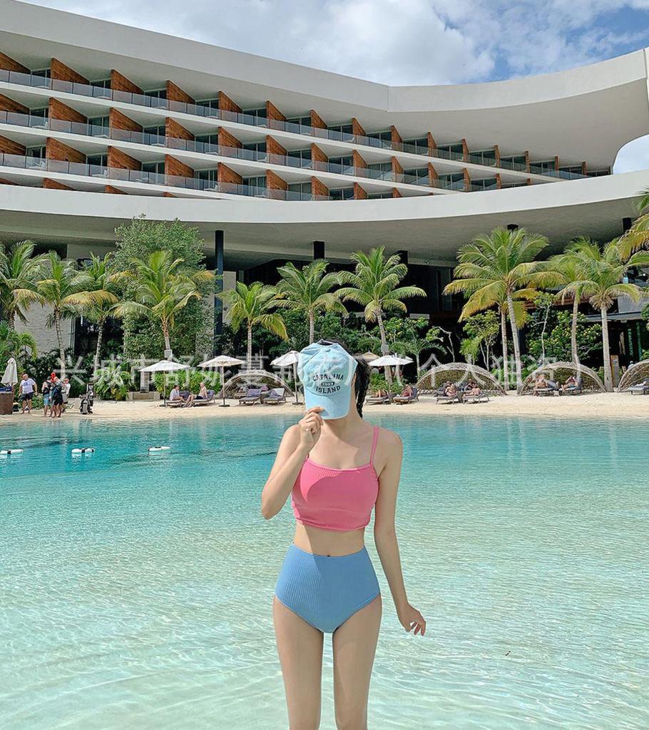 Women's Solid Color High Waist Bikini with Flesh-Covering Panel, Slimming Design, Pure Desire Style, and Color Block for Small Chest
