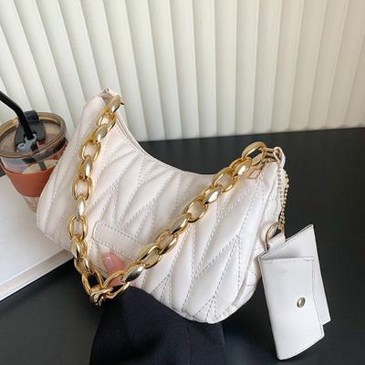 Quilted Pleated Crescent Bag, Stylish Chain Shoulder Bag, Women's Tote with Coin Purse
