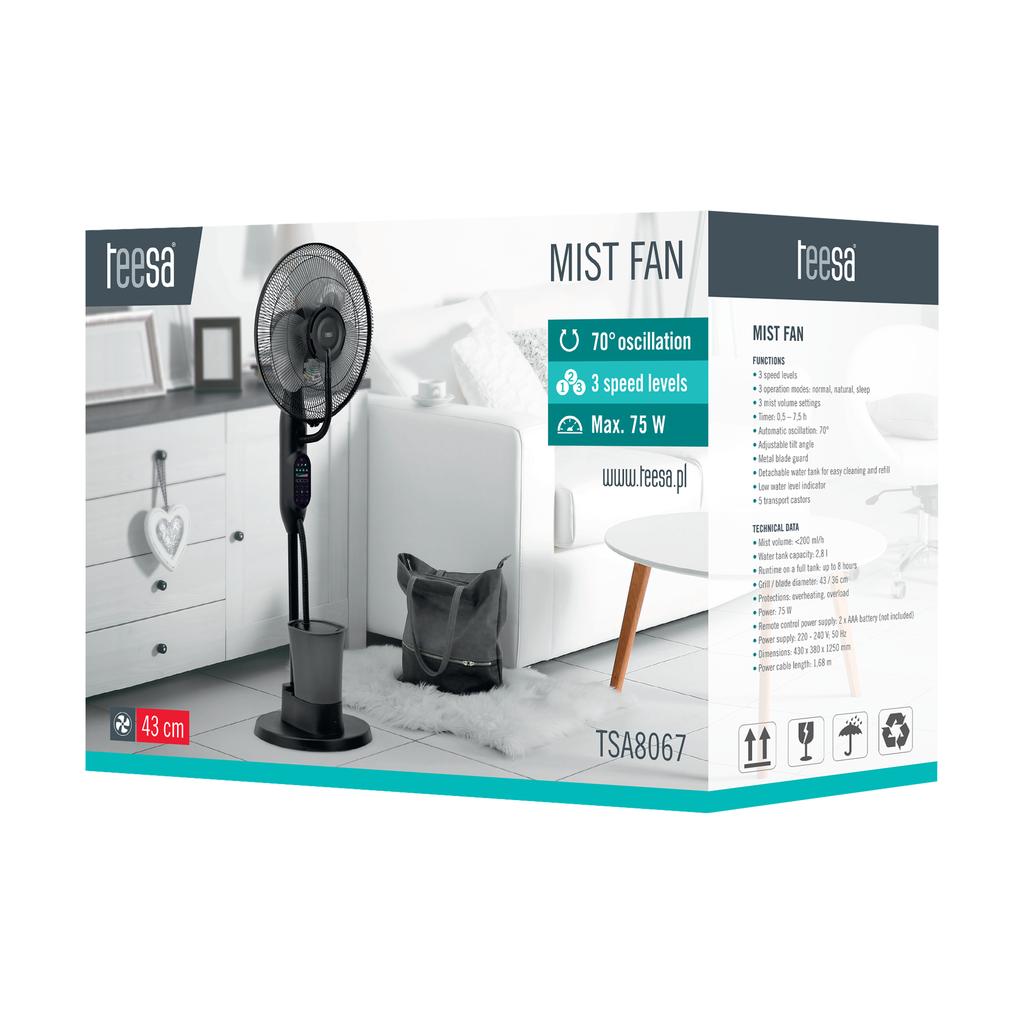 Teesa Standing Fan with Water Mist, Remote Control, TIMER, Oscillation