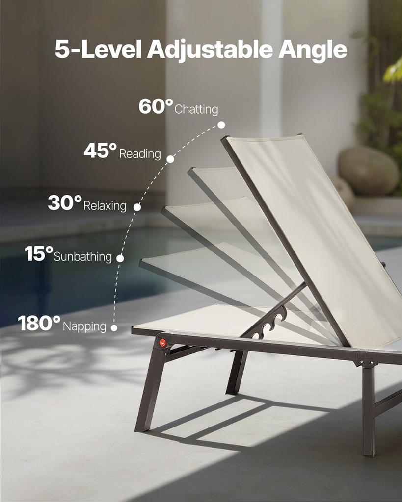 Outdoor Chaise Lounge Chair Set of 2, 181 kg Weight Capacity, Foldable Sun Tanning Chair, 5 Adjustable Positions, Easy Assembly, Aluminum Pool