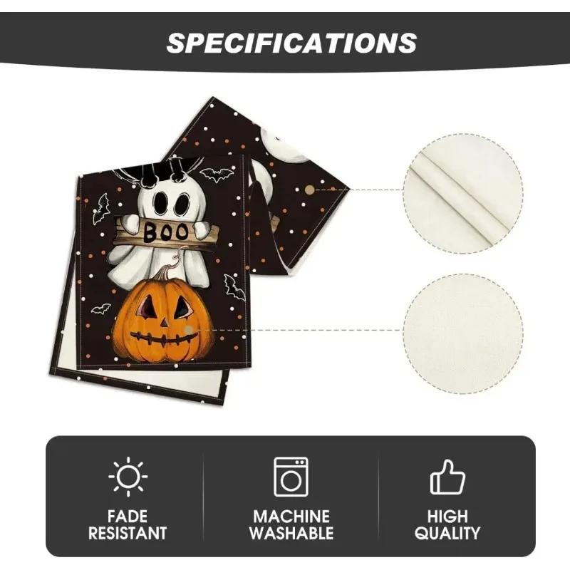 Halloween Polka Dot Ghost Pumpkin Cat Linen Table Runners Party Decor Reusable Dining Table Runners Kitchen Halloween Decoration