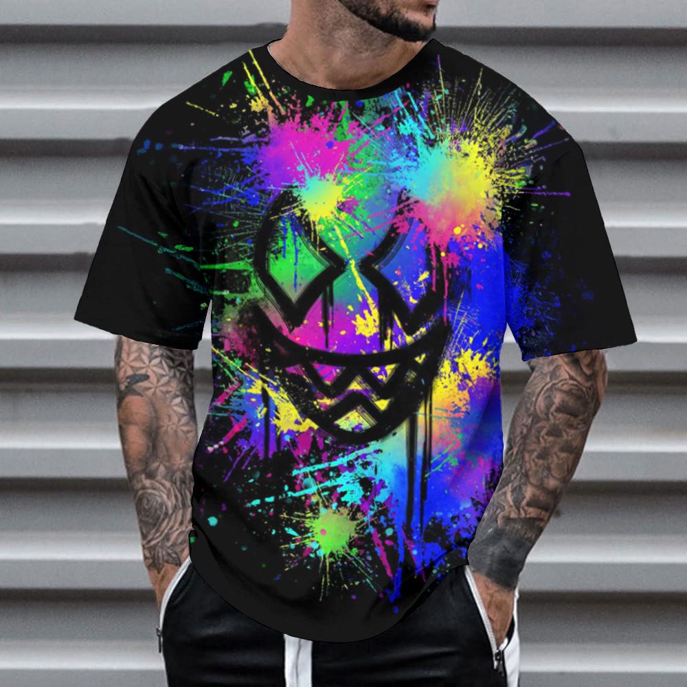 Summer Round Neck 3D Neon Graffiti Skull Graphic Print Top Fashionable Casual Short Sleeved Men's T-shirts