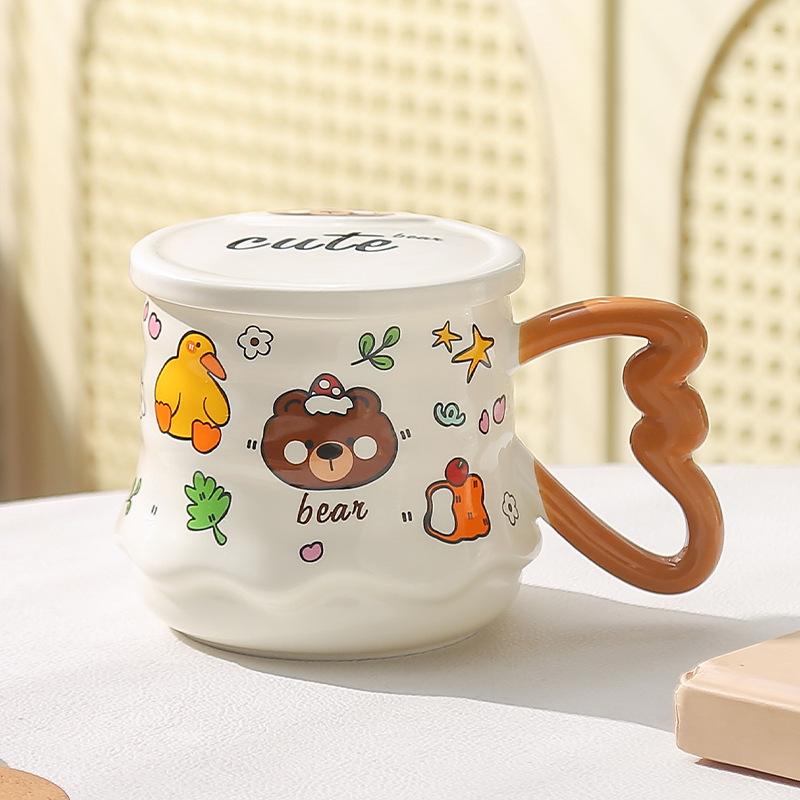 

Cute Cartoon Ceramic Cup Cute Creative Relief Mug Style Coffee Cup Milk Cup with Lid Student Cup 400ML
