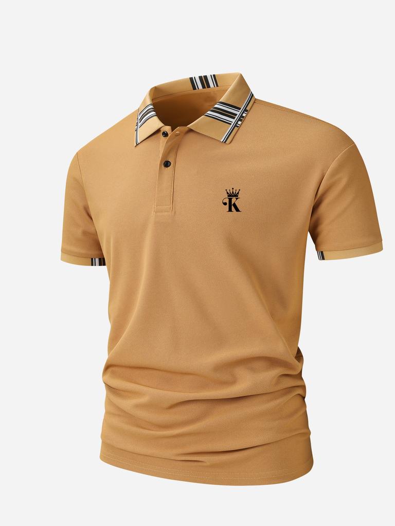 Herren Schwarzes Polohemd mit Kontraststreifen am Kragen, Krone K Buchstabe Bestickt Business Casual Kurzarm Oberteil