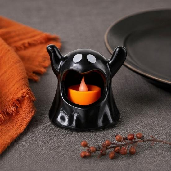 Halloween Ghost Candle Holder with LED Candle, Cute Tea Light Tabletop Decoration Holder, Spooky for Indoor Home Decor, Holiday Party Supplies Shaped