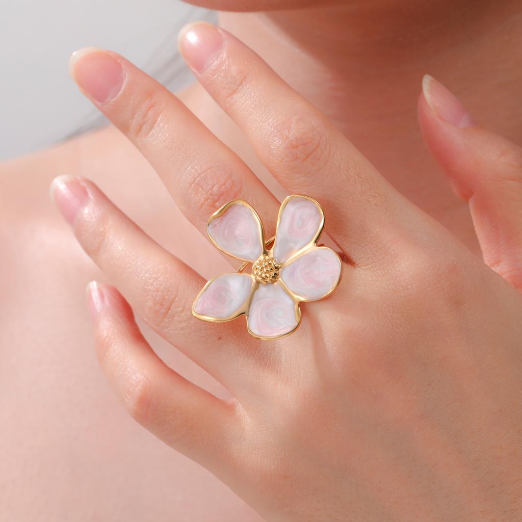 Adjustable Enamel Flower Ring's for Women Girls Stainless Steel Open Rings Waterproof Jewelry Party Valentine's Day Gifts