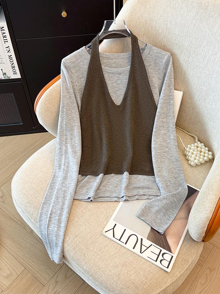 

Корейский вязаный топ-халтер и базовая майка женский комплект из двух предметов - Коллекция Осень 2025 M оливковое зеленый