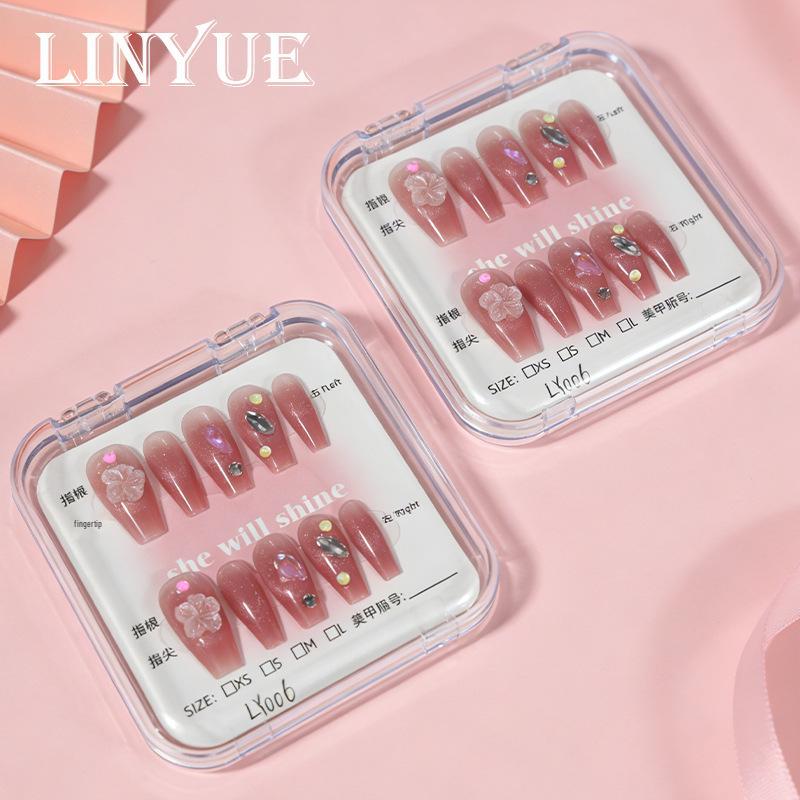 Medium Pink Gradient Cherry Blossom Rhinestone Nail Tips - Pearl-Enhanced Detachable Gentle Style Manicure