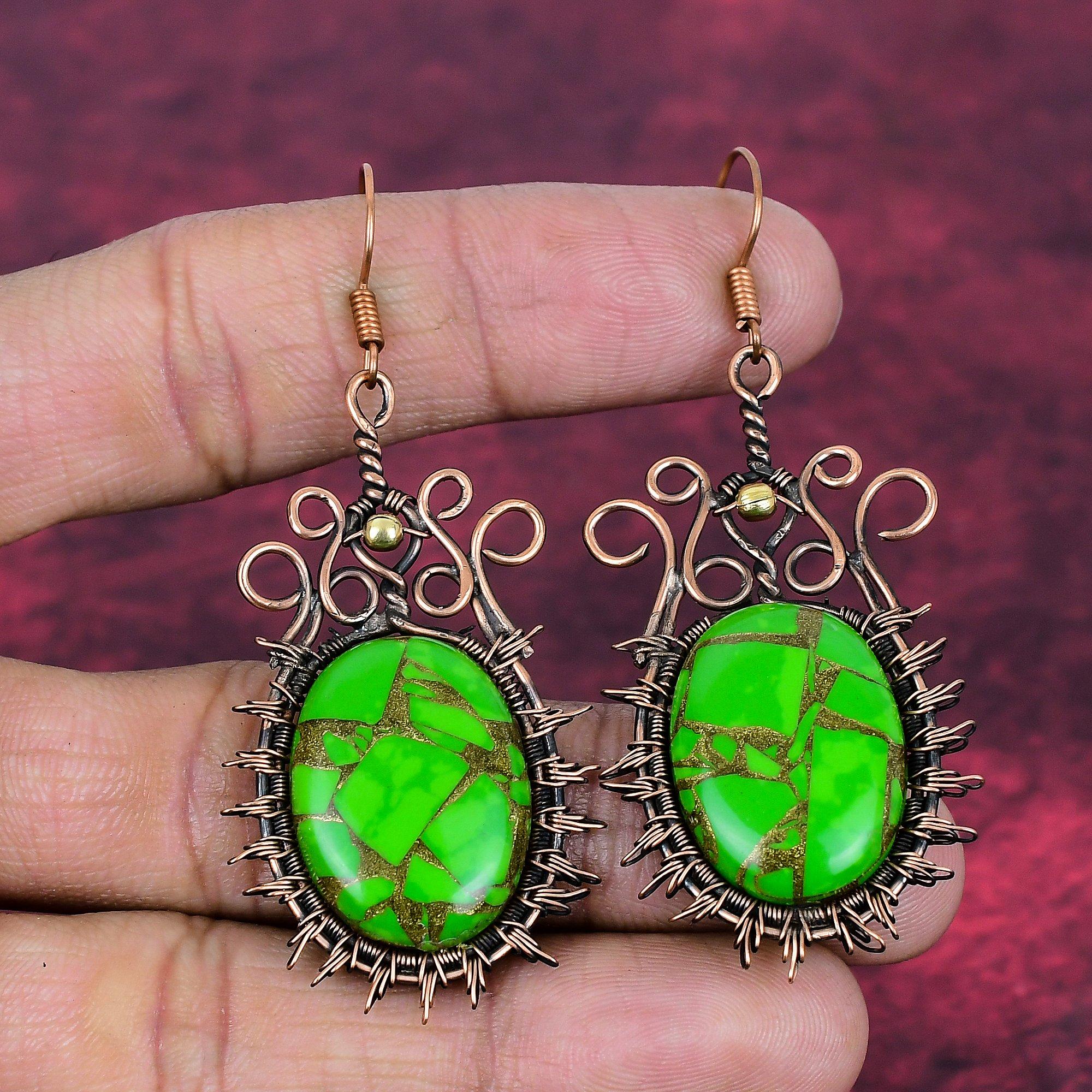Copper Green Turquoise Gemstone Earrings Copper Wire Wrapped Handmade Jewelry