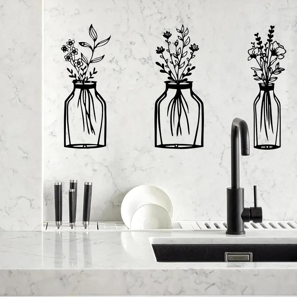 3 Pieces Black Metal Flower Vase Wall Art Decor Wire Wall Art Metal Wall Sculptures Iron Decorative Hanging for Indoor Kitchen Bathroom Dining Room