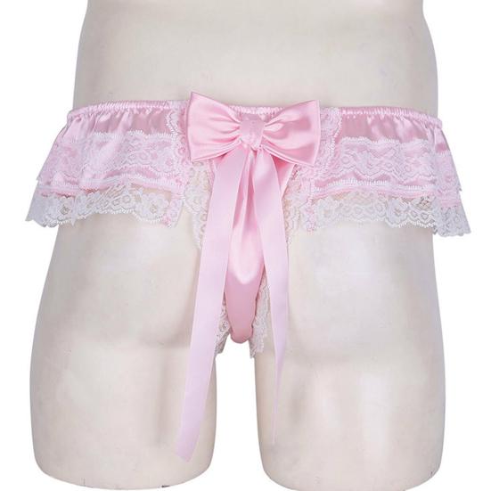 Low Waist Elastic Waistline Bowknot Decor U Convex Men Briefs Sexy Sweet Crochet Lace Stitch Nightclub Panties