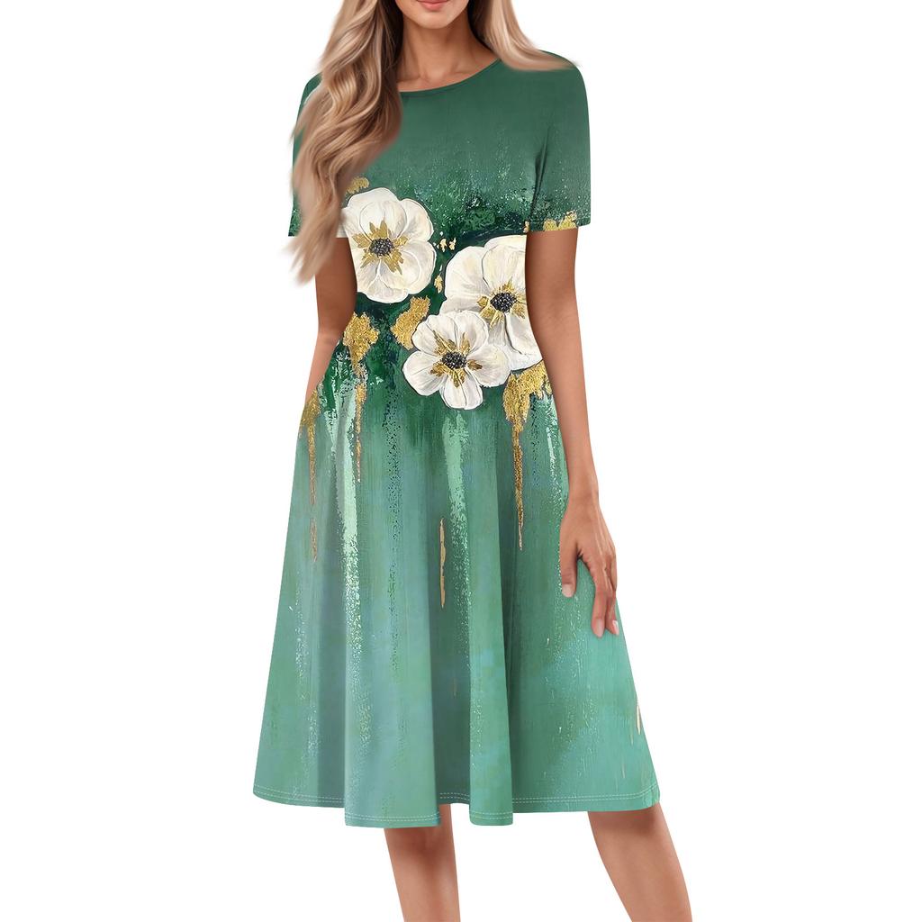 Women Casual Printed Round Neck Long Dress