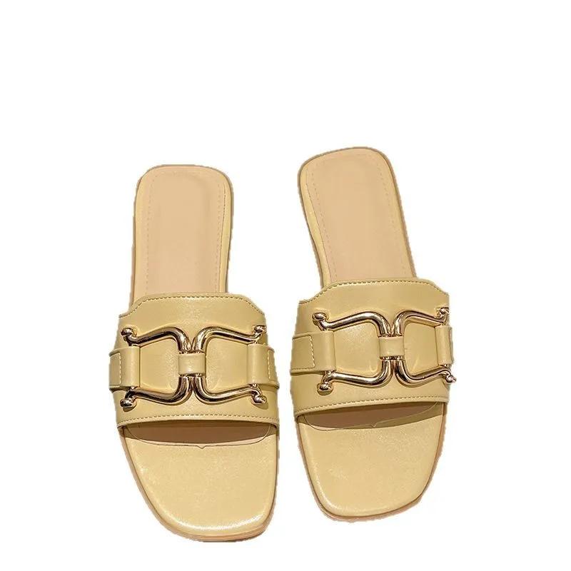 Fashion Women Wearing Flat Slippers 2025 Summer New Simple Large Size Metal Buckle Temperament Word Fairy Wind Sandals