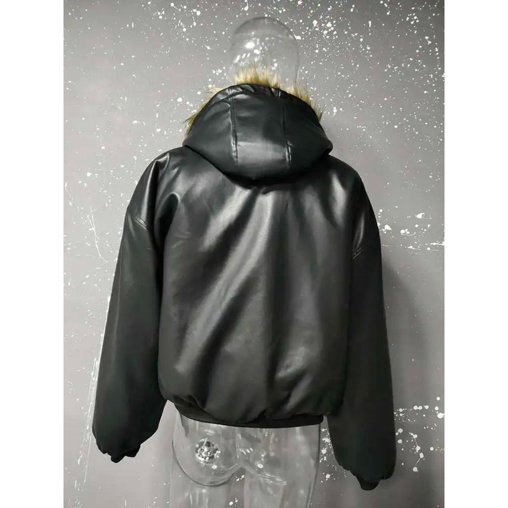STREETRICH Pánské prošívané bundy Americký styl PU kůže Oboustranné Faux Fur Fleece Zesílené Jednobarevné Volné Pánské kabáty Trendy