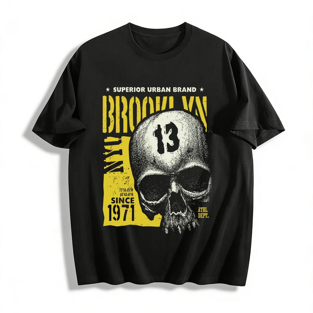 Brooklyn Skull Print Retro Athletic Style Casual Short Sleeve Top Pure cotton T-shirt XXS