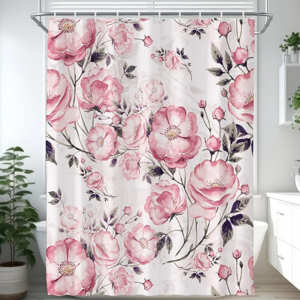 Floral Shower Curtains for Bathroom Pink Plant Flowers Watercolor Butterfly Wildflower Botanical Bathroom Curtain Set,Waterproof