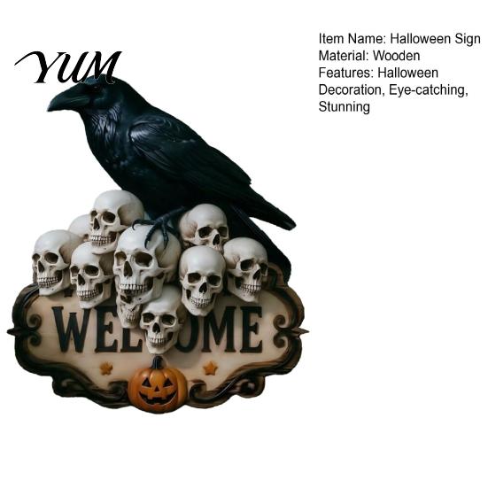 Entrance Door Ornament Halloween Wooden Welcome Sign, Spooky Skull Frog Crow Witch Hanger, Festive Holiday 2D Wall Hanging Sign for Home Party