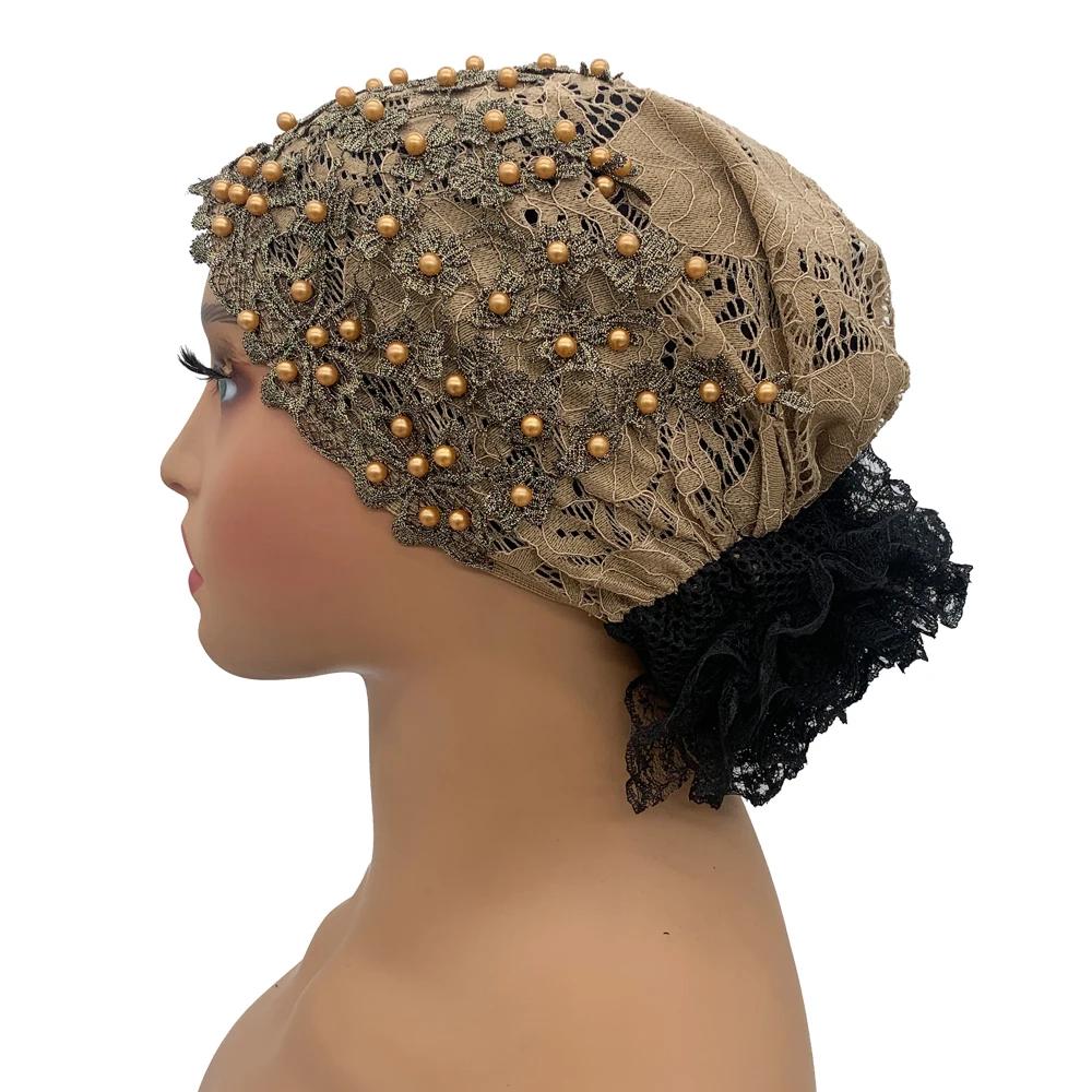 Muslim Headscarf Hat Hairloss Chemo Cap African Headwrap Bonnet Embroidery Beading Turban Cap For Women