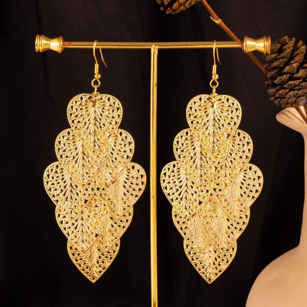Personalized Indian Baroque Retro Wind Willow Leaf Long Women'S Earrings Hollow Love Multi-Layer Fringed Earrings