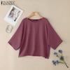 ZANZEA Women Summer Round Neck Solid Color Loose 3/4 Sleeve Blouse