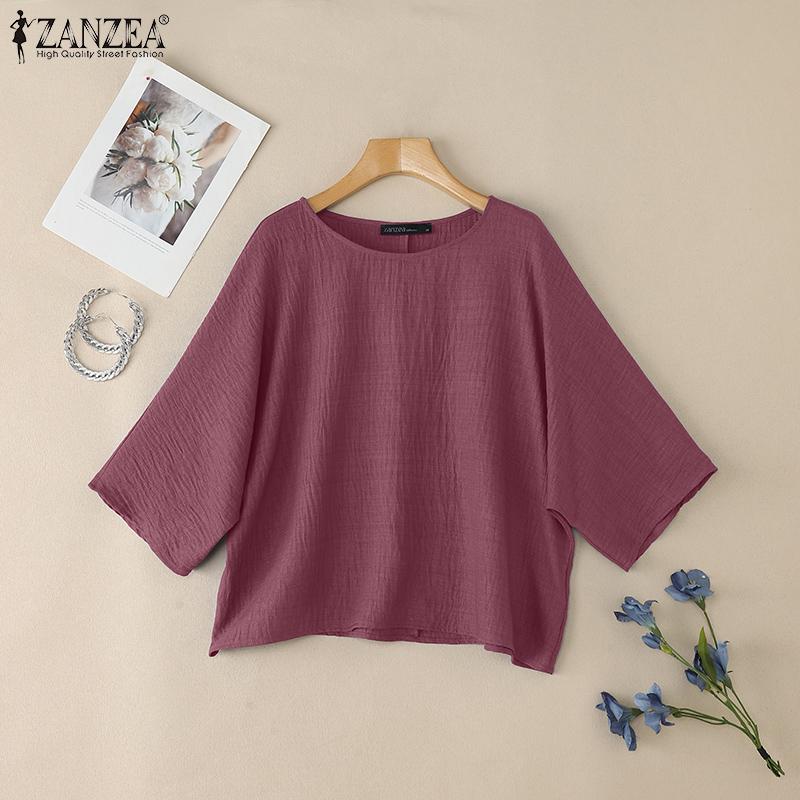 ZANZEA Women Summer Round Neck Solid Color Loose 3/4 Sleeve Blouse