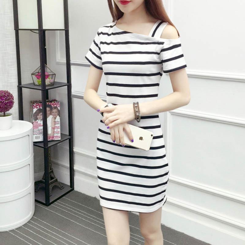 Women Fashionable Slim Design Delicate Stripe Printing Pullover Dress Off-shoulder Dress