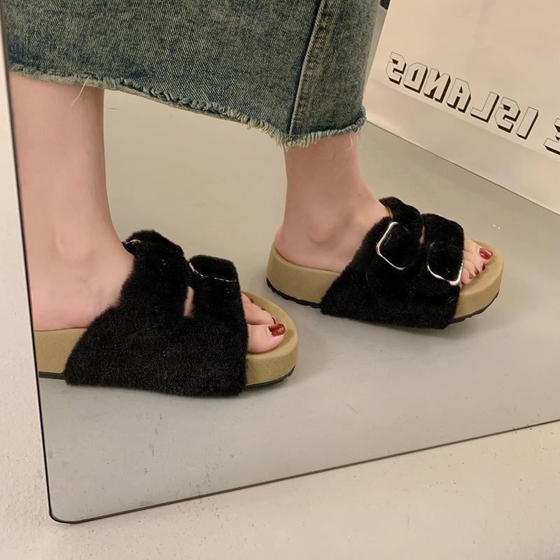 New Spring and Autumn Thick-bottomed Versatile Casual Fluffy Slippers Women's Fashion Low-top One-pedal Women's Slippers
