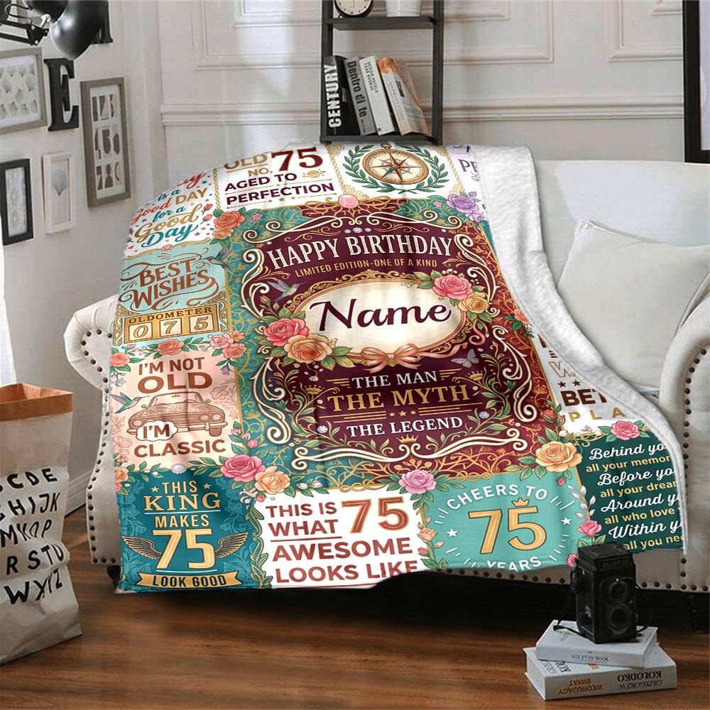 75Th Birthday Celebration Blanket Personalized Name Soft Warm And Versatile For Sofa Bed Office And Travel Machine Washable Comfortable In All Seasons
